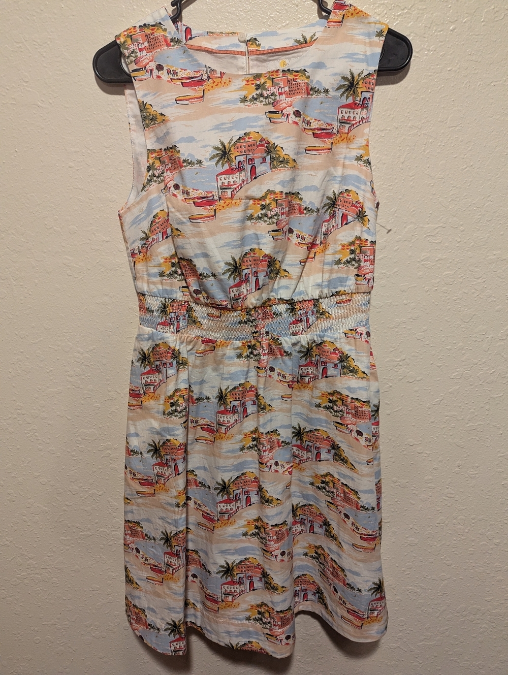 Boden Smocked Waist Mini Dress Paradise Bay Beach Print White Size US 6 L